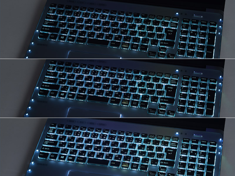 キーボードに手を近づけると徐々に明るくなるキーボードバックライト。輝度を調節することも可能