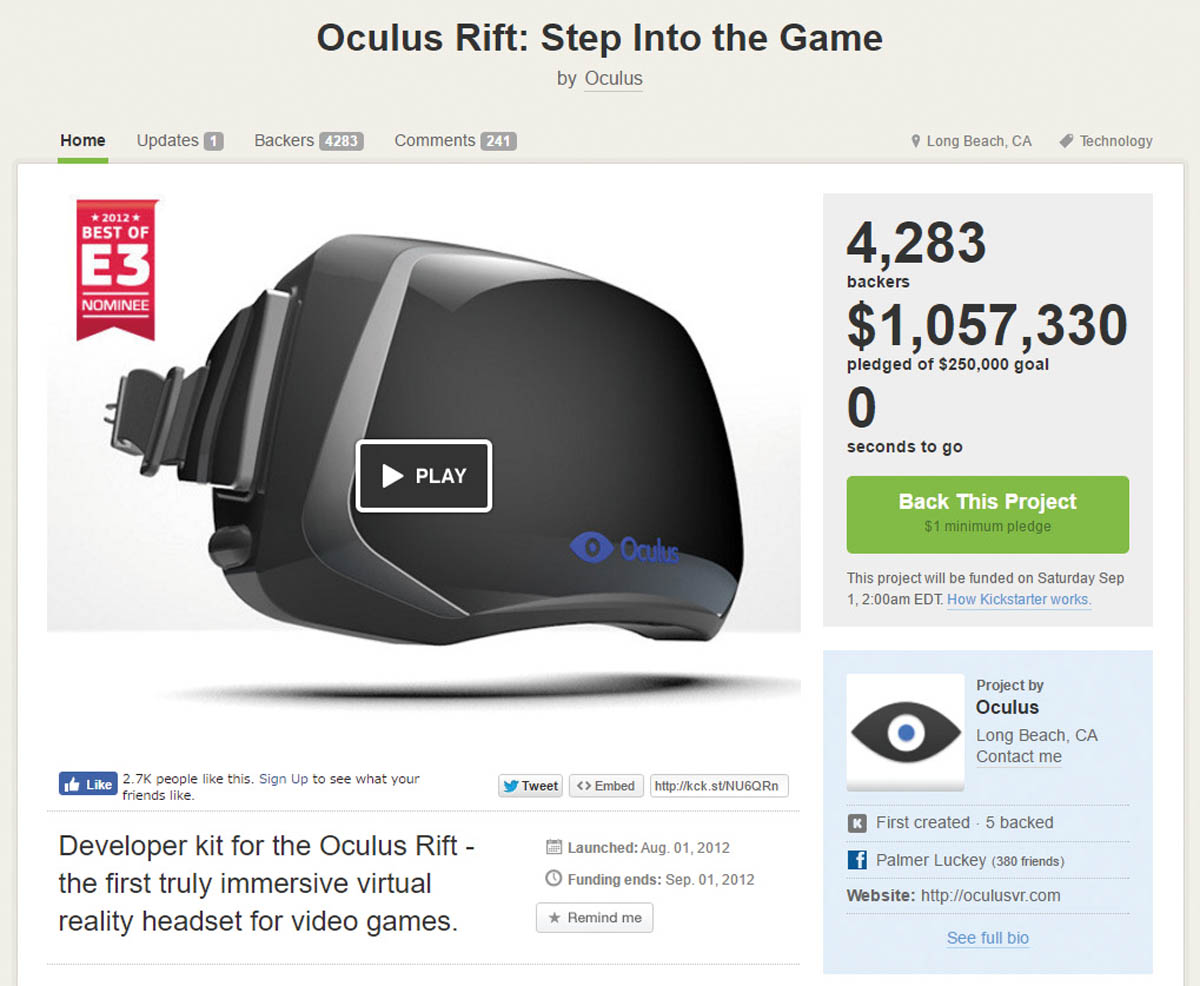 <a href="https://www.kickstarter.com/projects/1523379957/oculus-rift-step-into-the-game">●URL</a><br>Oculus社が資金調達のために行った、クラウドファンディングKickStarterのWebページ。