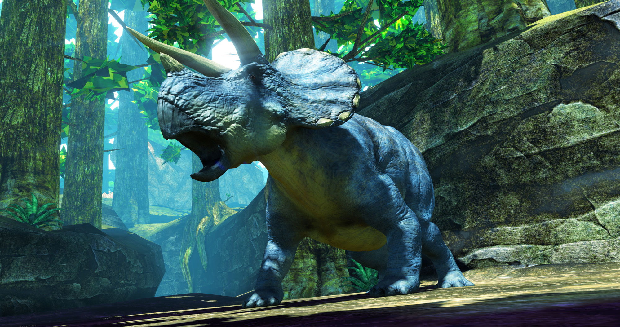 巨大な恐竜が迫力の映像で描かれる。重低音が効いたサウンドシステムで、足音や鳴き声もズンズン響く