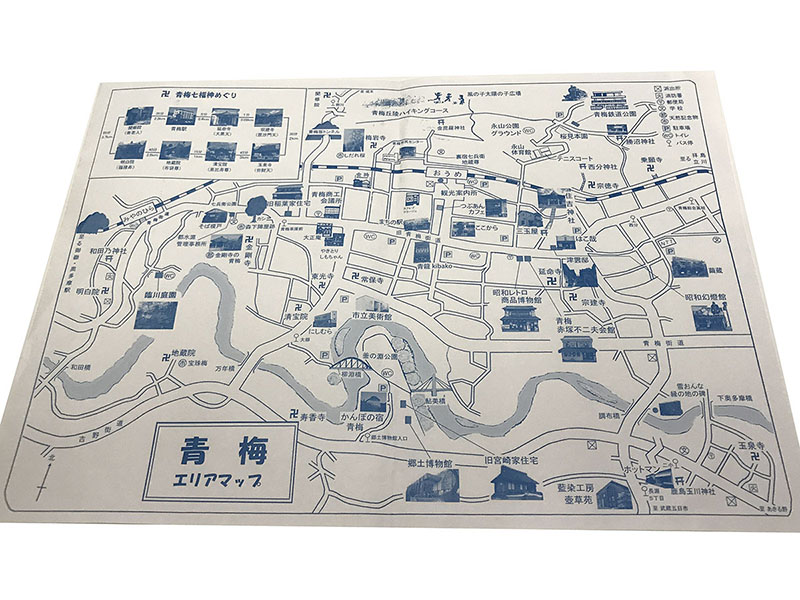 「青梅エリアマップ」には青梅駅周辺の主な観光スポットが紹介されています