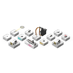 英国発のSTEM教材「SAM Labs」が日本で11月に発売――CEOのヨアヒム・ホーン氏インタビュー ブロックモジュール型の「SAM Labs」。ボタン、スライダー、各種センサー（傾き、圧力、光、温度、近接など）、モーター、ブザー、LEDライトなどさまざまなブロックがある