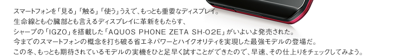 スマートフォンを「見る」「触る」「使う」うえで、もっとも重要なディスプレイ。生命線とも心臓部とも言えるディスプレイに革新をもたらす、シャープの「IGZO」を搭載した「AQUOS PHONE ZETA SH-02E」がいよいよ発売された。今までのスマートフォンの概念を打ち破る省エネパワーとハイクオリティを実現した最強モデルの登場だ。この冬、もっとも期待されているモデルの実機をひと足早く試すことができたので、早速、その仕上りをチェックしてみよう。