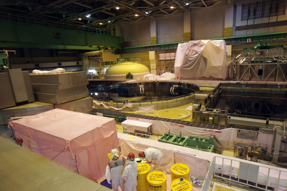 点検中の原子炉。中央の丸い部分が原子炉で、水が満たされている。その奥に見える黄色の物体が原子炉格納容器のフタ。その右側にあるピンクの布で養生されているのが原子炉のフタ
