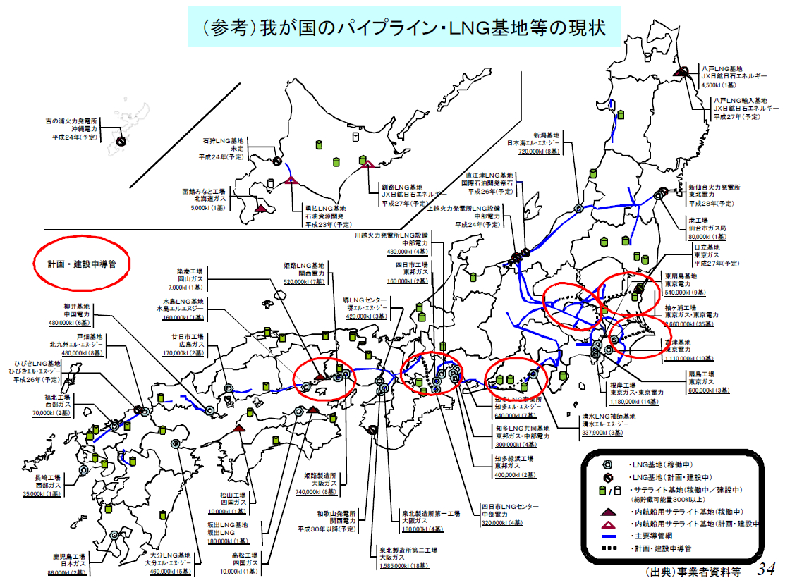 ところどころ分断されている青いラインがパイプライン。点線は計画ルートを示している（出典：経済産業省 資源エネルギー庁「我が国のエネルギー・環境政策を巡る最近の動向」より）