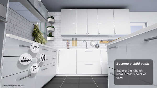 IKEAの「<a href="http://store.steampowered.com/app/447270/">IKEA VR Experience</a>」では、家具を配置したVR空間を歩いてレイアウトをチェックできる。子どもの視点に切り替えるモードも備える