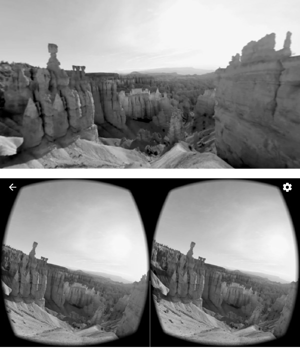 スマートフォンのYouTubeアプリで360度映像を再生すると、スマホの角度で周囲を見回すことができる（上）。通常の単眼モードのほか、VRゴーグル用のCardboardモードに切り替えることも可能（下）。YouTubeでコンテンツを公開することで、多くの閲覧者に見てもらえる可能性がある