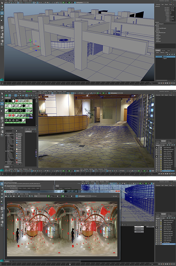 CG制作ソフト「Maya」による作業画面。上から、オブジェクトを作成するモデリング、質感を加えるテクスチャリング、映像として書き出すレンダリング