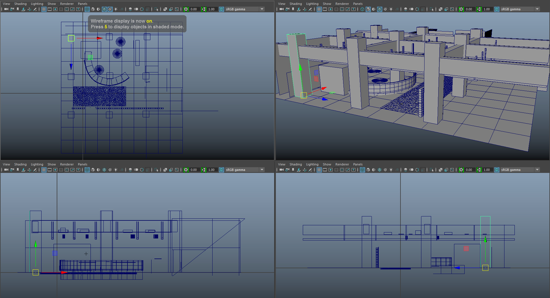 Mayaのモデリング画面。表示されるオブジェクトは、ひとつひとつ作っていくことになる。さまざまな角度で表示されるものは、見える可能性のある部分も作り込む必要がある