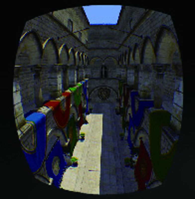 歪みを中和するために樽状にふくらませた描画を行って映像を生成する。