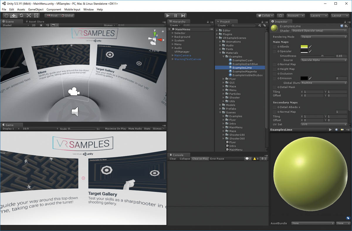 Unityで公式サンプルのVR Samplesプロジェクトを開いたところ。アセットストアからダウンロードできる。
