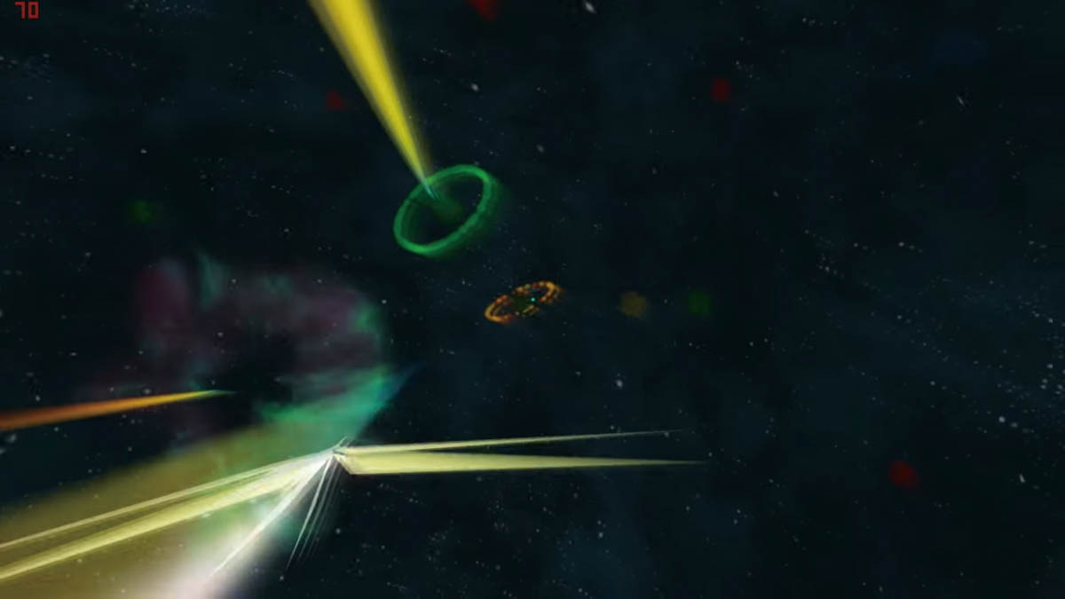 BLAST BUSTERのプレイ画面。Oculus Riftによって全視界に広がる広大な宇宙空間と、きらびやかなロックオンレーザーを眺め回すことができる。