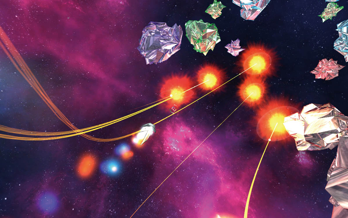 背景グラフィックス制作の時間を抑えるため、全方位に漆黒の闇と星々が浮かぶ宇宙空間に設定。