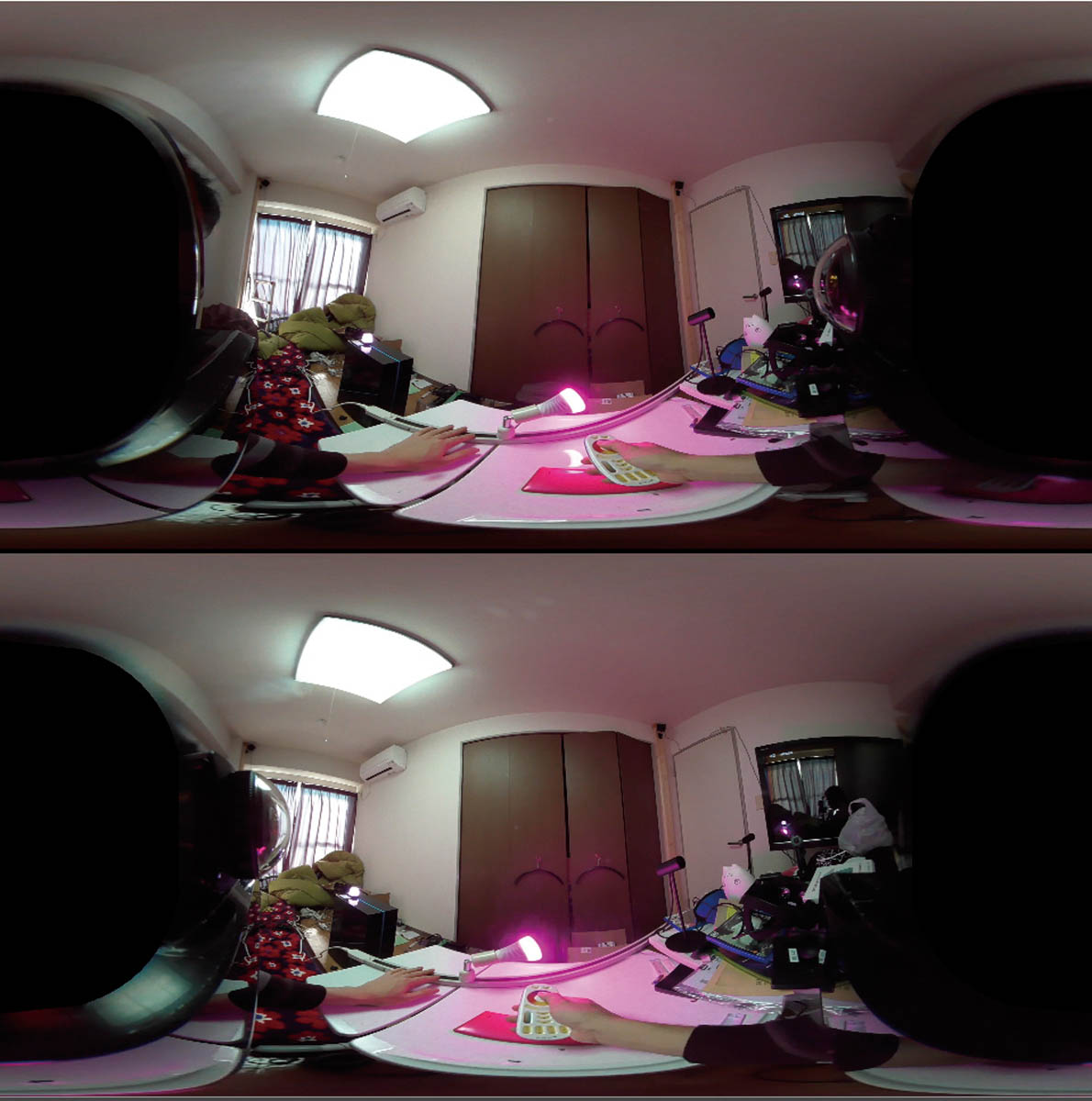 SP360 4Kを2台で使う実写ステレオパノラマ動画キャプチャ、後方120度が死角になっている。