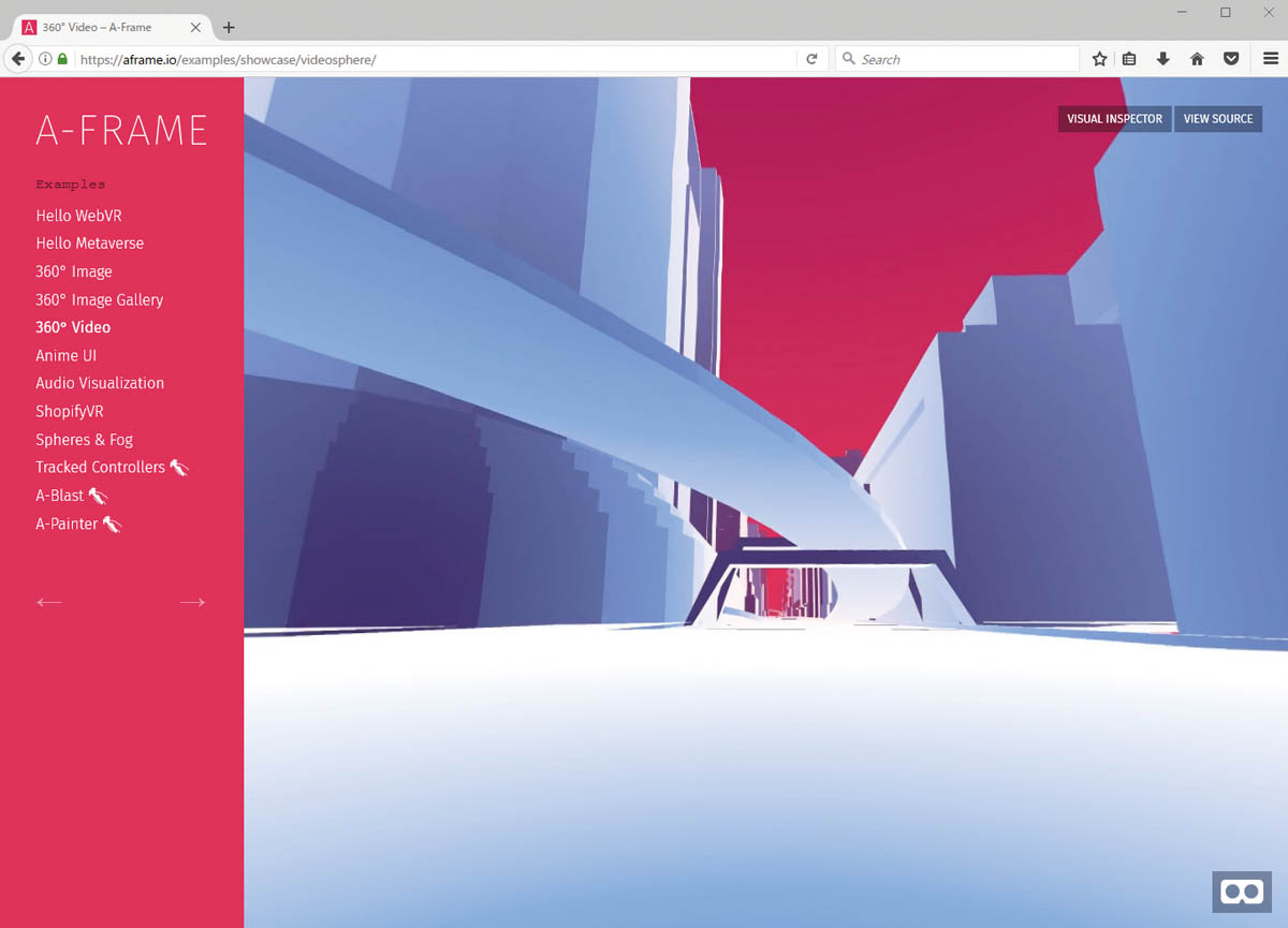 <a href="https://aframe.io/examples/showcase/videosphere/">●URL</a><br>A-FrameでつくられたWebVRのサンプル。
