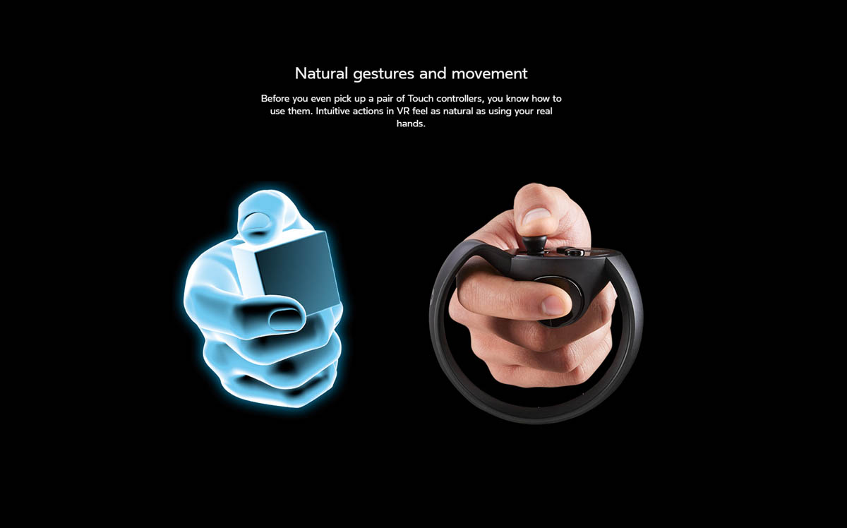 <a href="https://www.oculus.com/rift/">●URL</a><br>指のつかみやボタンで、VR空間内に実際に手が入り込んだかのように操作することができる。