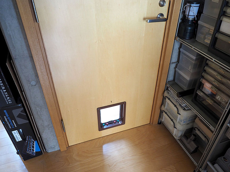 仕事場と階段を仕切る扉に猫ドア