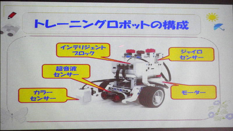 自由研究で利用するトレーニングロボットの構成。ジャイロセンサーや超音波センサー、カラーセンサーを搭載する