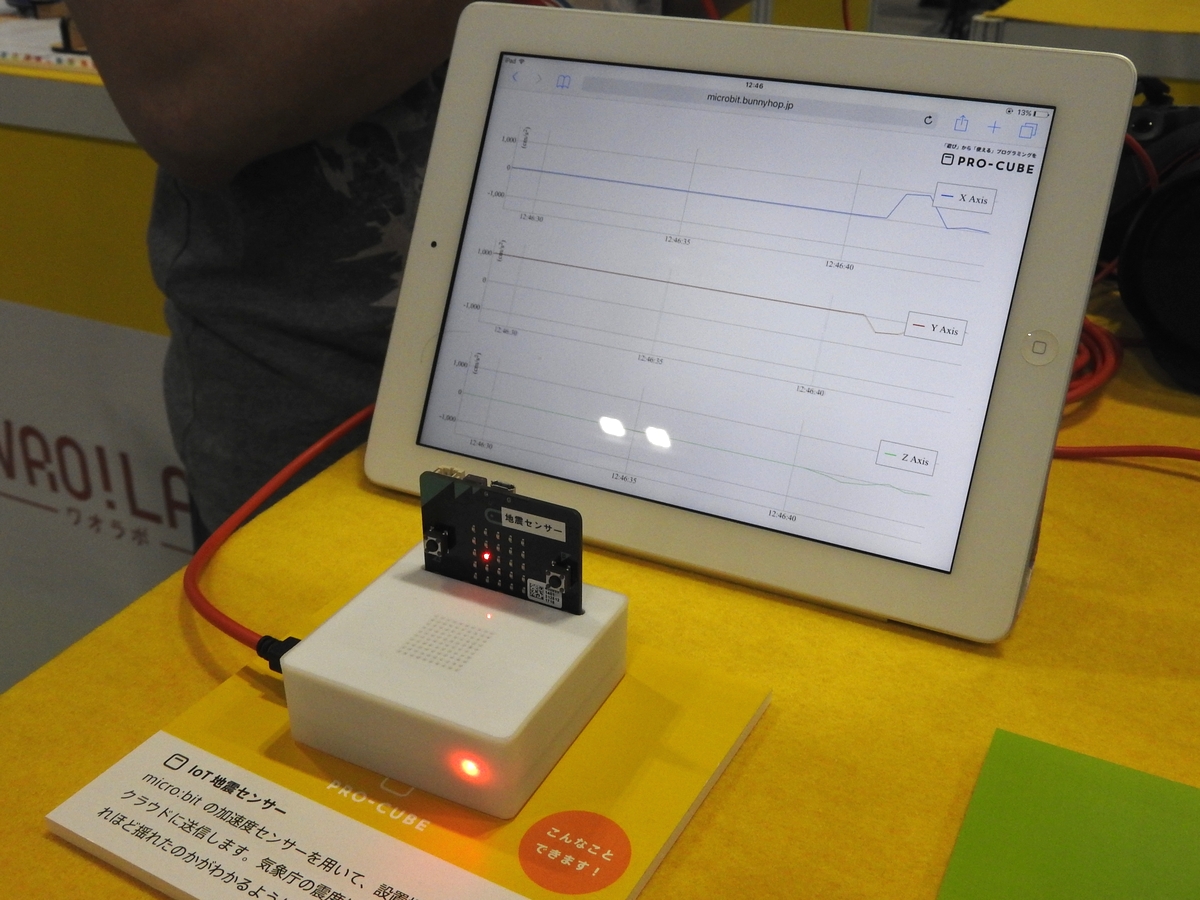PRO-CUBEの活用例。micro:bitに搭載されている加速度センサーを利用して、設置場所の揺れをクラウドに送信する
