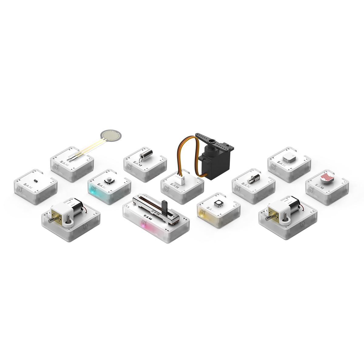 ブロックモジュール型の「SAM Labs」。ボタン、スライダー、各種センサー（傾き、圧力、光、温度、近接など）、モーター、ブザー、LEDライトなどさまざまなブロックがある