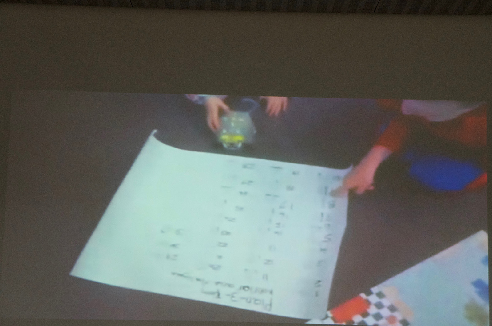 大きな紙に書き出した矢印マークによるプログラムを子ども同士で検討している