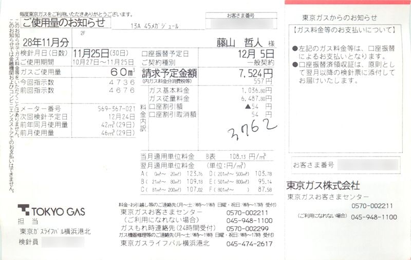 平成28年11月のガス代