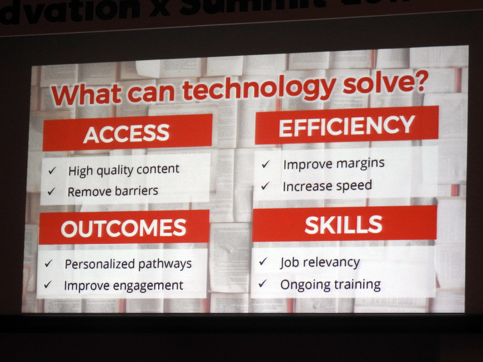 テクノロジーによって、「アクセス」「効率」「結果」「スキル」の4ジャンルの問題を解決できる