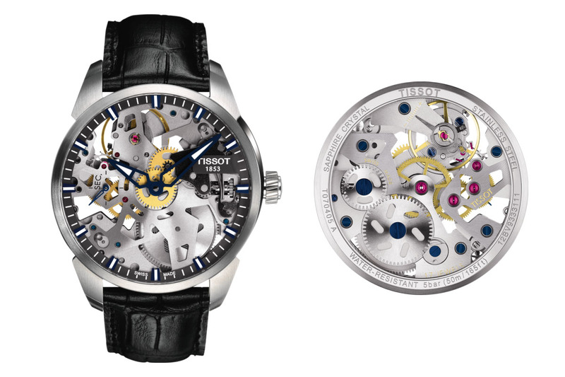 TISSOT「T-COMPLICATION SQUELETTE」。表からも裏からも、なかの機械がよく見える（スケルトン/シースルーバックの）手巻き機械式腕時計です