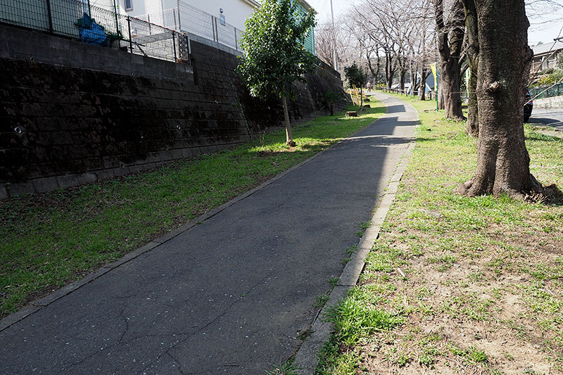 1本目トレイル直前にある、急な歩道。頑張れば普通のスポーツ自転車で上れる坂ですが、筆者の場合はかなり息切れしつつ激汗かいちゃう坂です。XM1だと、淡々＆平然と登り切れちゃいました！