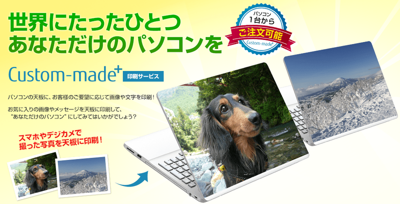 富士通の「カスタムメイドプラス」は、購入する富士通製ノートパソコンの天板に好みの写真をプリントできるという有料サービスです。2017年の7月19日まで「半額キャンペーン」を実施中