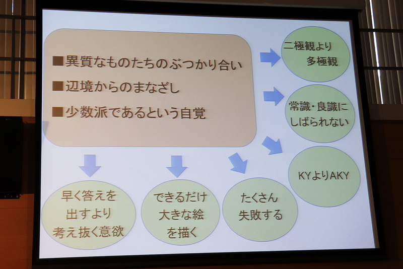 「異質なものたちのぶつかり合い」「辺境からのまなざし」「少数派であるという自覚」が混ぜる教育の根幹だという