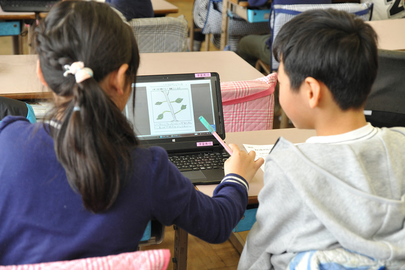 いいとこ発見カードに集中する児童たち