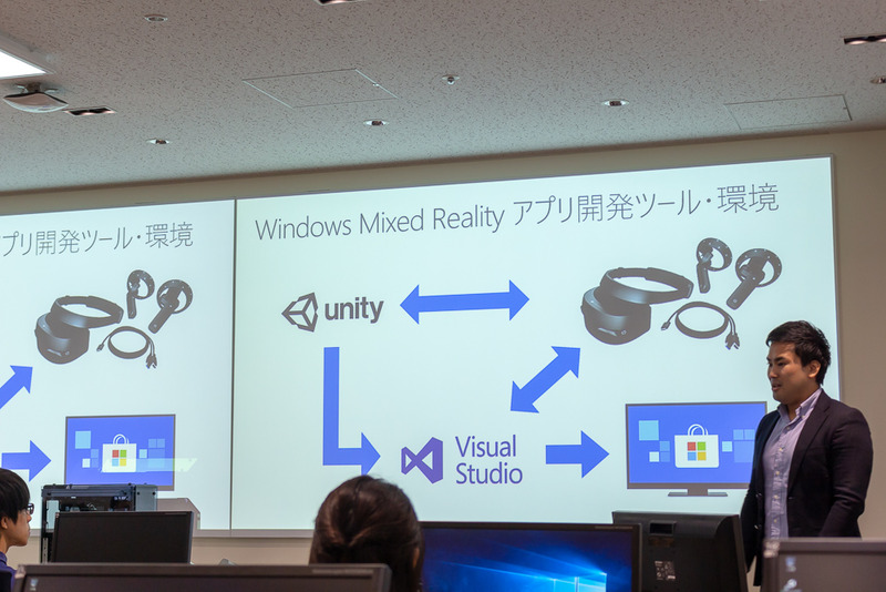 セミナーの冒頭、日本マイクロソフトの毛利 健氏がWindows Mixed Realityの概要やアプリの開発方法、そして機材として用意されたNUCについて解説。用意されたNUCはAMD製のGPU「Radeon RX Vega M GH」を搭載したモデルで、小型ながらMax-QのGeForce GTX 1060を超える性能、フロントのHDMIを含めた計6ポートの外部出力など、VRのプレイや開発に最適とのことです