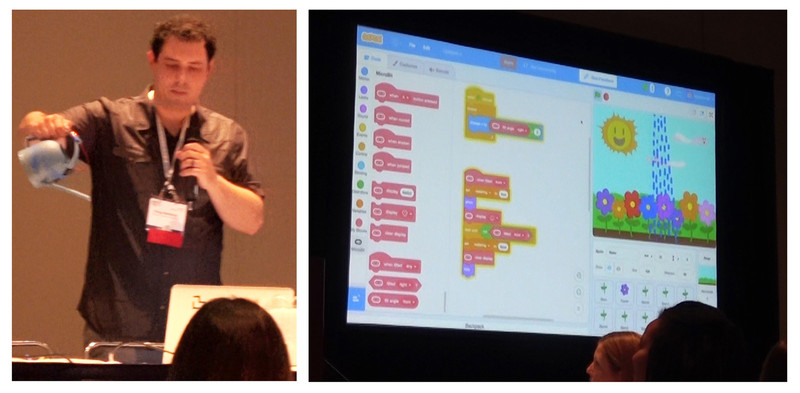 MITメディアラボのクレッグ・ハニング氏は、じょうろにmicro:bitを取り付け、これを傾けるとScratchで作ったお花畑に水が注がれるという作品を例に、接続機能の説明を行った
