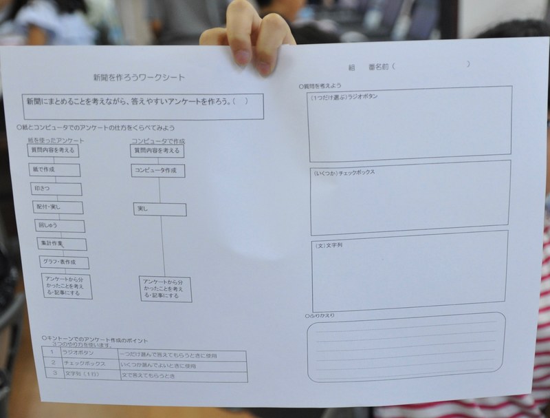 授業が行われたパソコン教室に集まった児童達と授業のワークシート