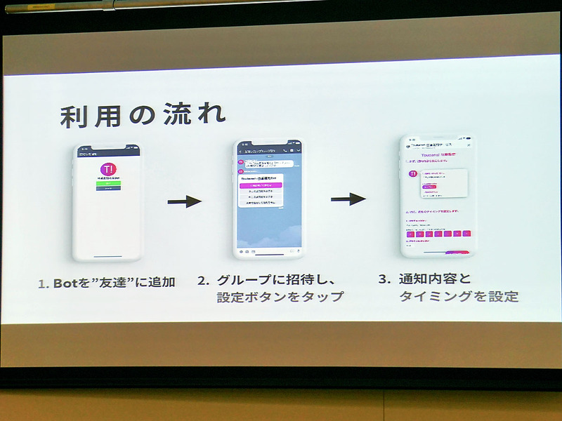 「未踏ジュニアに応募した当時は、サーバーやbotの知識がなくて開発では苦労した。公開されたばかりの新しいAPIを使ったのでデバッグも大変だった」と話す西村さん（高2）。また幅広い年齢層によるユーザーテストを通して、高校生とのITスキルの違いにも気づき、視野を広く持って開発する大切さにも気づいたという。西村さんはToubans!で、LINEが主催する開発コンテスト「LINE BOOT AWARDS 2018」にてグランプリを受賞した