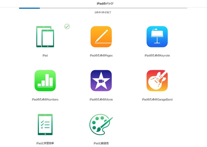 Apple Teacherのコンテンツ。「Pages」や「Keynote」「学習効果」「創造性」といったテーマが用意されている