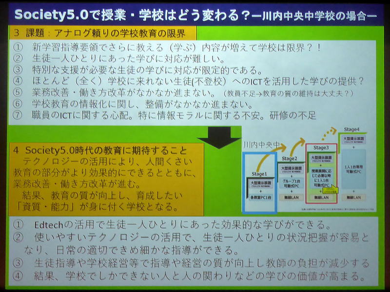 鹿児島県薩摩川内市立川内中央中学校を例に、Society 5.0社会の学校の姿が語られる