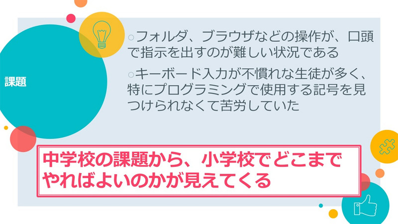 中学校の課題から、小学校でどこまでやればよいのかが見えてくる（朝倉氏の当日資料「石狩でのプログラミング教育支援～2年目の成果～」より抜粋）