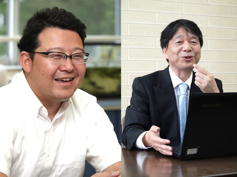 写真左から、今回話を伺った熊本大学教育学部附属小学校 松山明道教諭、大分県立情報科高等学校 佐藤正男教諭