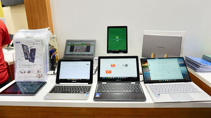 ASUSは豊富なラインナップに加え、2019年6月に発売されたばかりのスタイラスペン付属のタブレット「Chromebook Tablet CT100PA」を展示