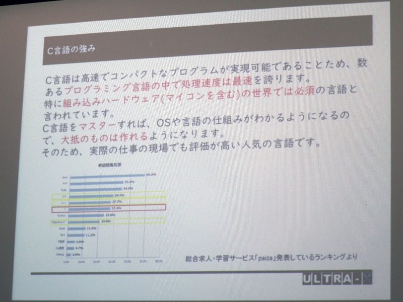 C言語は、やや難しいが高速に実行できることや、比較的ハードウェア寄りの言語であることなどを説明