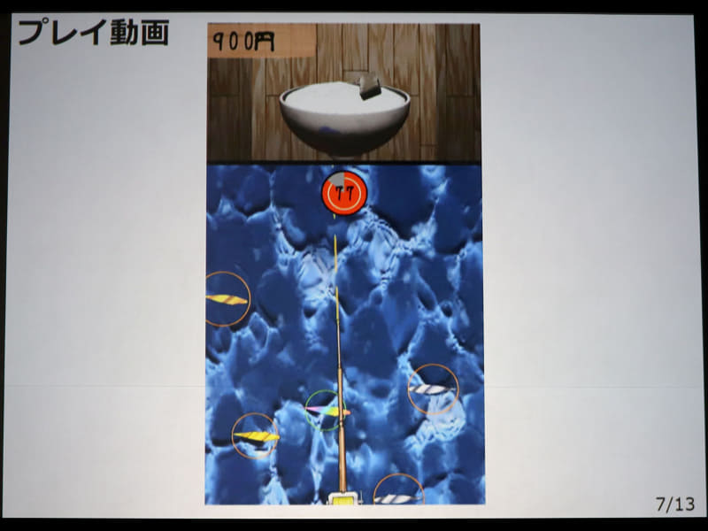 泳いでいる魚をタイミング良く釣って、どんぶりに盛り付けていくゲーム画面は3Dで表現、リアルに描かれた具材と演出のおかげで臨場感もたっぷりだ