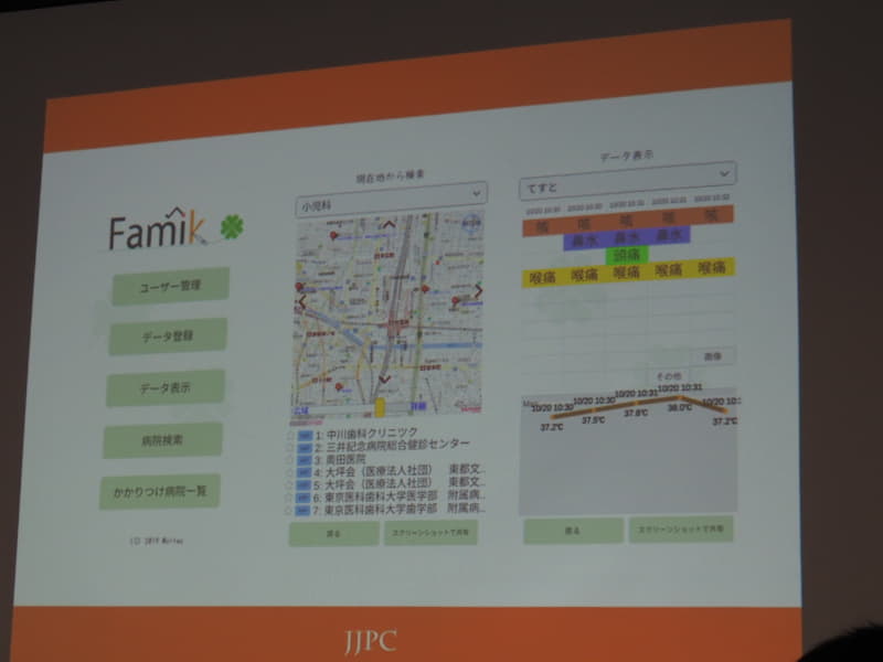病状を管理し、複数の人の病状、熱などを時系列に記録することができる病院探索アプリ