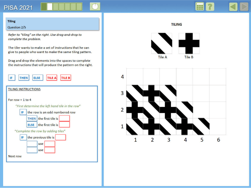 PISA 2021の学力調査では、提示されたパターンをIf～Then～Elseで描画する問題が検討されている（「<a href="https://pisa.e-wd.org/files/PISA%202021%20Mathematics%20Framework%20Draft.pdf/" class="n" target="_blank">PISA 2021 Mathematics Framework Draft</a>」67～68ページより抜粋）
