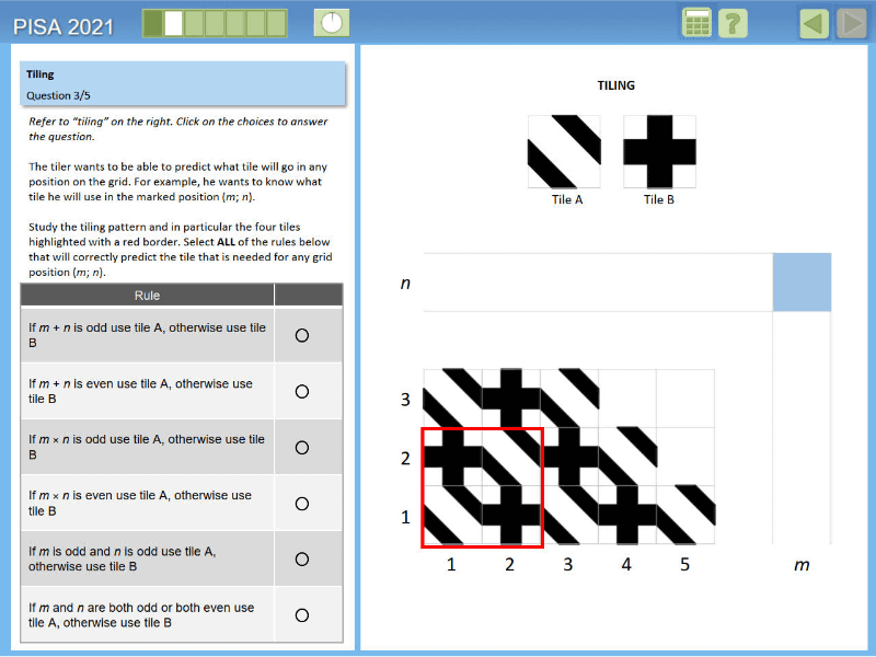 PISA 2021の学力調査では、提示されたパターンをIf～Then～Elseで描画する問題が検討されている（「<a href="https://pisa.e-wd.org/files/PISA%202021%20Mathematics%20Framework%20Draft.pdf/" class="n" target="_blank">PISA 2021 Mathematics Framework Draft</a>」67～68ページより抜粋）