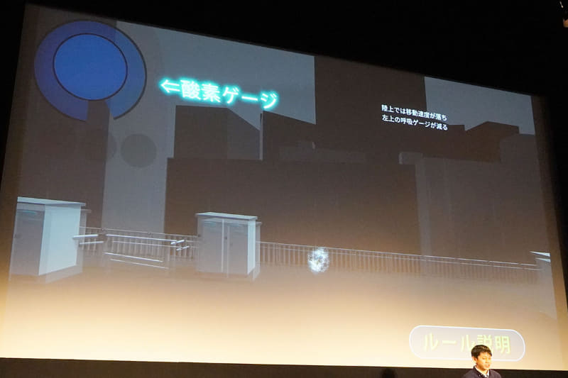 打ち上げられた魚が海に帰るため奮闘するアクションゲーム。陸上では酸素ゲージを消費するという仕組みがゲームに緩急を与えている