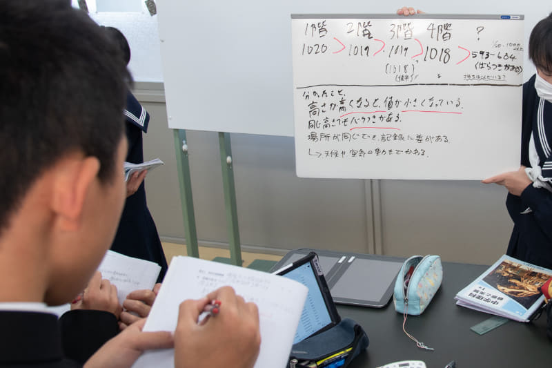 発表係と、他のグループの発表を聞く係に分かれて、他のグループとまとめた考察を発表し合う