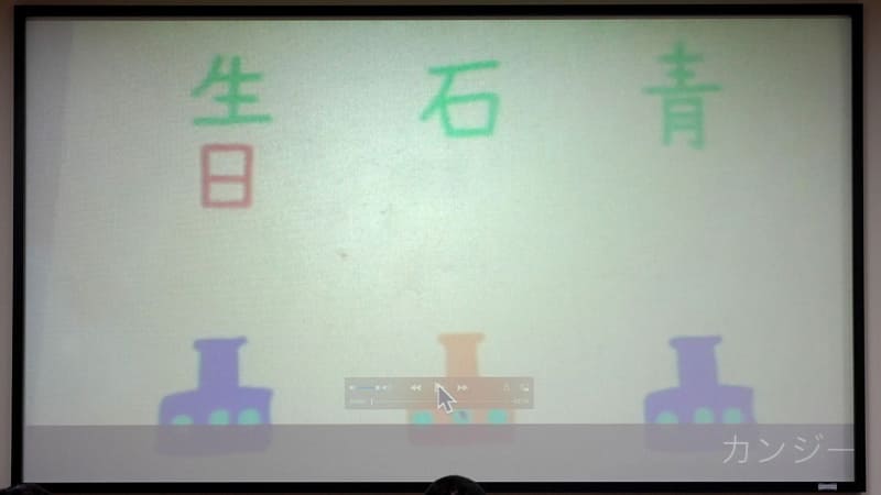 漢字のシューティングゲーム。「生」と「日」がぶつかると「星」の漢字が表示されるプログラム