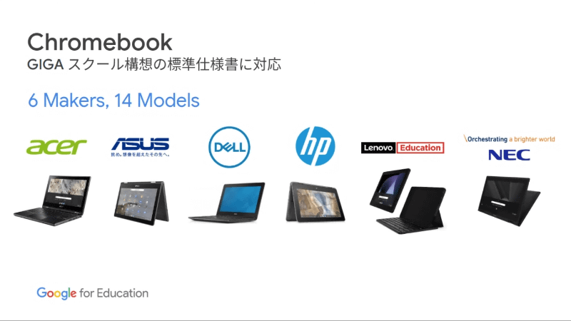 ハードウェアとしてGIGAスクール構想に準拠した6社14モデルのChromebookを選択