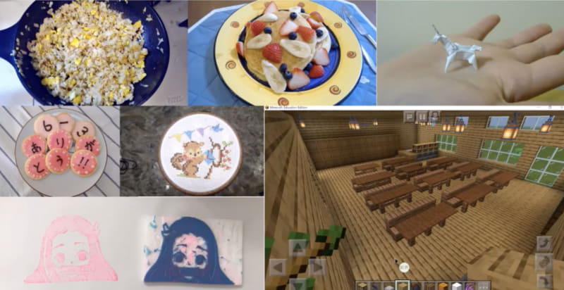料理や工作など様々な作品が集まる中、教育版マインクラフトで教室を再現した作品に特に大きな反応があった